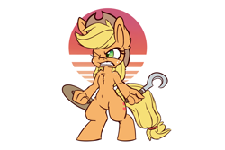 Size: 1500x1000 | Tagged: safe, artist:heir-of-rick, derpibooru import, applejack, anthro, earth pony, unguligrade anthro, bipedal, chest fluff, ear fluff, female, hook, one eye closed, shield, simple background, solo, white background