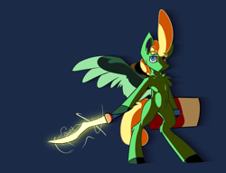 Size: 1360x1041 | Tagged: safe, artist:omegapex, oc, oc only, oc:omega, anthro, pegasus, unguligrade anthro, big hair, cel shading, chest fluff, hoof hold, shield, simple background, solo, sword, weapon, wings