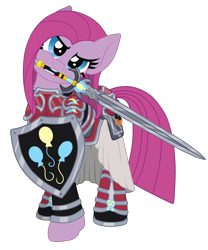 Size: 2314x2781 | Tagged: safe, artist:applewoodart, derpibooru import, pinkie pie, earth pony, pony, armor, high res, mouth hold, pinkamena diane pie, shield, simple background, solo, sword, transparent background, weapon