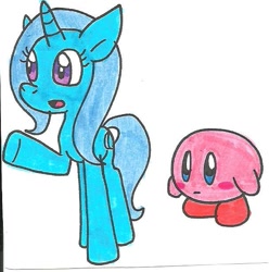 Size: 607x612 | Tagged: safe, artist:cmara, derpibooru import, trixie, pony, unicorn, crossover, female, kirby, kirby (character), mare, nintendo, traditional art