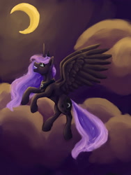 Size: 1500x2000 | Tagged: safe, artist:laraffy, princess luna, alicorn, pony, flying, moon, night, solo