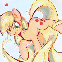 Size: 1700x1700 | Tagged: safe, artist:mirroredsea, applejack, earth pony, pony, cute, female, gradient background, heart, jackabetes, looking at you, mare, missing accessory, open mouth, raised hoof, smiling, solo