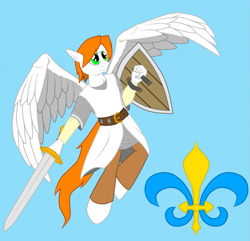 Size: 1247x1200 | Tagged: safe, artist:argustheseer, oc, oc only, oc:aecris, anthro, pegasus, unguligrade anthro, anthro oc, blue background, explicit source, fantasy class, knight, shield, simple background, solo, sword, warrior, weapon