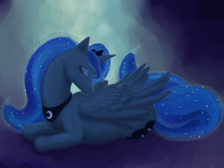 Size: 1200x900 | Tagged: safe, artist:kallarmo, princess luna, alicorn, pony, eyes closed, prone, solo