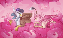 Size: 3188x1940 | Tagged: safe, artist:amberlovesbugs, derpibooru import, oc, oc only, oc:geraldine, oc:glory, griffon, duo, eyes closed, female, griffon oc, hat, signature, spread wings, tentacles, tongue out, wings