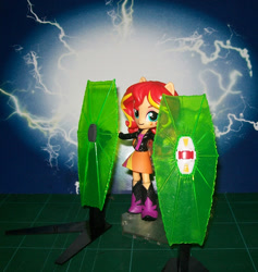 Size: 850x897 | Tagged: safe, sunset shimmer, equestria girls, beam shield, clothes, doll, equestria girls minis, eqventures of the minis, irl, photo, shield, skirt, solo, toy