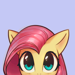 Size: 1000x1000 | Tagged: dead source, safe, artist:mirroredsea, part of a set, fluttershy, pegasus, pony, blue background, blushing, bust, cute, female, looking at you, mare, peeking, shyabetes, simple background, solo