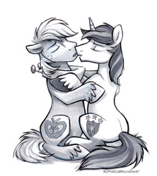 Size: 621x700 | Tagged: safe, artist:kenket, artist:spainfischer, big macintosh, shining armor, earth pony, pony, unicorn, adultery, gay, imminent kissing, infidelity, kissing, male, monochrome, shiningmac, shipping, sketch, stallion