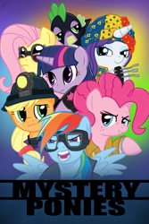 Size: 600x900 | Tagged: safe, artist:tex, derpibooru import, applejack, fluttershy, pinkie pie, rainbow dash, rarity, spike, twilight sparkle, dragon, earth pony, pegasus, pony, unicorn, bowler, invisible boy, mane six, mr. furious, mystery men, spleen, the blue raja, the shoveler, the sphinx (mystery men)