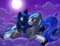 Size: 1571x1206 | Tagged: safe, artist:brianblackberry, princess luna, oc, alicorn, pony, canon x oc, cloud, full moon, moon, night, shipping