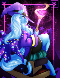 Size: 2550x3300 | Tagged: dead source, safe, artist:avante92, derpibooru import, trixie, anthro, unguligrade anthro, bedroom eyes, book, breasts, female, looking at you, sideboob, sitting, smiling, solo, sorceress, staff, titsie