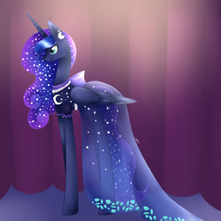 Size: 1024x1024 | Tagged: safe, artist:midfire, princess luna, alicorn, pony, canterlot boutique, clothes, dress, long legs, over the moon, profile, solo