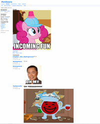 Size: 1406x1753 | Tagged: safe, pinkie pie, earth pony, pony, best of ponibooru comments, comments, george takei, kool-aid man, meta, oh my, ponibooru, text