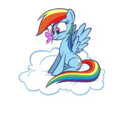 Size: 659x616 | Tagged: safe, artist:brah-j, rainbow dash, butterfly, pegasus, pony, cloud, cross-eyed, frown, insect on nose, simple background, sitting, solo, spread wings, transparent background, watching, wide eyes