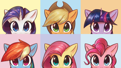 Size: 2976x1674 | Tagged: safe, artist:mirroredsea, edit, applejack, fluttershy, pinkie pie, rainbow dash, rarity, twilight sparkle, earth pony, pegasus, pony, unicorn, anonymous editor, blue background, blushing, bust, cowboy hat, cute, female, hat, looking at you, mane six, mare, multicolored hair, peeking, simple background, stetson, wallpaper, yellow background