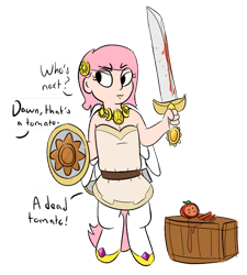 Size: 638x710 | Tagged: safe, artist:heretichesh, color edit, edit, editor:color anon, oc, oc only, oc:dawn, satyr, buckler, colored, food, misleading thumbnail, offscreen character, offspring, parent:anon, parent:princess celestia, shield, simple background, solo, sword, tomato, transparent background, weapon