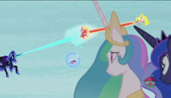 Size: 1280x738 | Tagged: safe, screencap, daybreaker, nightmare moon, princess celestia, princess luna, starlight glimmer, alicorn, pony, a royal problem, dream, dream walker, dream walker celestia, dream walker luna, fight, flying, magic, magic blast, shield