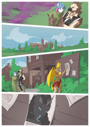 Size: 2480x3508 | Tagged: safe, artist:okata, derpibooru import, oc, oc:diamond mind, oc:sacris cano, oc:talonus, oc:visage, anthro, bat pony, changeling, griffon, unicorn, comic:the hunt, anthro oc, bat pony oc, bat wings, bridal carry, bush, carrying, changeling oc, cloak, clothes, covering, faceless male, griffon oc, horn, lidded eyes, looking at each other, male, offscreen character, town, tree, unicorn oc, wanted poster, weapon, wings