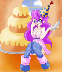 Size: 2068x2415 | Tagged: safe, artist:lucky-jj, pinkie pie, human, big breasts, breasts, cake, cleavage, clothes, cute, dress, female, food, hat, humanized, knife, leg warmers, licking, licking fingers, party hat, shoes, sideass, skirt, socks, solo, thigh highs