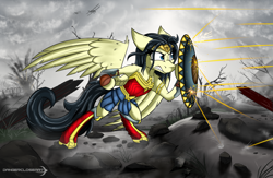 Size: 2460x1600 | Tagged: safe, artist:dangercloseart, pegasus, pony, armor, armor skirt, barbed wire, bipedal, biplane, boots, bullet, clothes, gritted teeth, no man's land, ponified, shield, shoes, skirt, solo, spoilers for another series, wonder woman, world war i