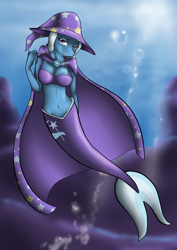 Size: 1240x1754 | Tagged: safe, artist:crow1992, derpibooru import, trixie, anthro, mermaid, bedroom eyes, belly button, bra, bubble, cape, clothes, hat, looking at you, smiling, solo, underwater, underwear, wizard hat