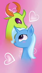 Size: 1165x1999 | Tagged: safe, artist:trafalgarnaomy, derpibooru import, thorax, trixie, changedling, changeling, bust, female, king thorax, male, shipping, straight, thoraxie