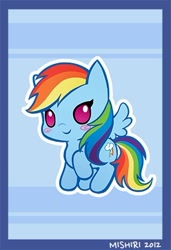 Size: 300x439 | Tagged: safe, artist:mishiri, rainbow dash, pegasus, pony, blue coat, chibi, cute, female, mare, multicolored mane, solo