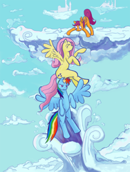 Size: 826x1100 | Tagged: safe, artist:kiriall, fluttershy, rainbow dash, scootaloo, pegasus, pony, cloudsdale