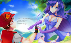 Size: 1280x768 | Tagged: safe, artist:hanikamiyakoemi, princess luna, oc, oc:hyper active, human, anime, beautiful, blushing, breasts, canon x oc, cleavage, clothes, dress, evening gloves, eye contact, female, fingerless gloves, gloves, grass, hat, holding hands, humanized, humanized oc, lyrics, mountain, princess balloona, scenery, shipping, smiling, socks, sunglasses, thigh highs, tree, vest, windswept mane