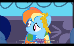 Size: 1024x640 | Tagged: safe, screencap, rainbow dash, pegasus, pony, the best night ever, blue coat, female, mare, multicolored mane, solo, youtube caption