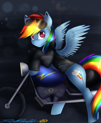 Size: 2784x3389 | Tagged: safe, artist:spittfireart, rainbow dash, pegasus, pony, clothes, high res, jacket, leather jacket, motorcycle, solo, sunglasses