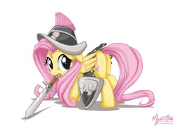 Size: 1240x902 | Tagged: safe, artist:mysticalpha, derpibooru import, fluttershy, private pansy, pegasus, pony, female, flutterbutt, helmet, mare, mouth hold, plot, shield, solo, sword