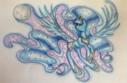 Size: 2592x1698 | Tagged: safe, artist:mizulela, princess luna, alicorn, pony, flying, lunadoodle, moon, solo, traditional art