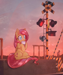 Size: 3300x3909 | Tagged: safe, artist:mirroredsea, fluttershy, pegasus, pony, blushing, coffee, coffee cup, cup, cute, female, holding, hoof hold, looking up, mare, outdoors, railroad crossing, shyabetes, sitting, sky, solo, sunrise