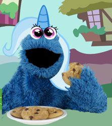 Size: 2511x2829 | Tagged: safe, derpibooru import, edit, trixie, chocolate chip, chocolate chip cookies, cookie, cookie monster, derp, food, horn, looking at you, majestic as fuck, sesame street, solo, wat