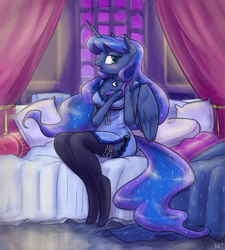 Size: 1000x1112 | Tagged: safe, artist:king-kakapo, princess luna, anthro, unguligrade anthro, arm hooves, bed, blushing, cleavage, clothes, cloven hooves, curtains, female, looking at you, necklace, nightgown, open mouth, pillow, socks, solo, stockings, thigh highs, unshorn fetlocks