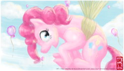 Size: 700x400 | Tagged: safe, artist:slightly-stratus, pinkie pie, earth pony, pony, balloon, cloud, female, floating, mare, open mouth, sky, solo, then watch her balloons lift her up to the sky