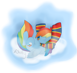 Size: 3000x2861 | Tagged: safe, artist:xolivify, rainbow dash, pegasus, pony, clothes, cloud, high res, scarf, sleeping, solo