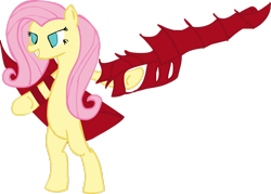 Size: 1280x914 | Tagged: safe, artist:imustenteranurl, derpibooru import, fluttershy, pegasus, pony, bipedal, crossover, monster hunter, shield, sword, weapon