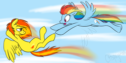 Size: 1000x500 | Tagged: safe, artist:calicopikachu, rainbow dash, spitfire, pegasus, pony, chase, duo, flying, loose hair