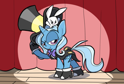 Size: 2039x1378 | Tagged: safe, artist:joeywaggoner, derpibooru import, angel bunny, trixie, pony, unicorn, bunny out of the hat, dapper, female, hat, magic trick, mare, solo, stage, top hat