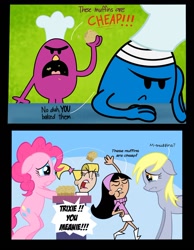 Size: 900x1159 | Tagged: safe, artist:cartuneslover16, derpy hooves, pinkie pie, pony, bipedal, comic, crossover, crying, muffin, the fairly oddparents, the mr. men show, trixie tang, wat