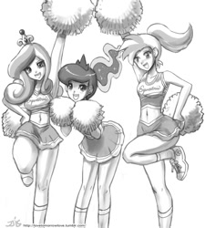 Size: 1000x1113 | Tagged: safe, artist:johnjoseco, allie way, princess cadance, princess luna, human, armpits, belly button, cheerleader, clothes, converse, cute, cutedance, female, grayscale, humanized, looking at you, lunabetes, midriff, monochrome, open mouth, shoes, skirt, smiling, sneakers