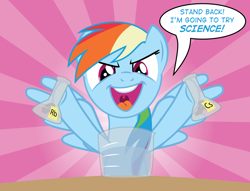 Size: 4292x3277 | Tagged: safe, artist:justablankflank, rainbow dash, pegasus, pony, cesium, chemistry, evil grin, for science, imminent explosion, rainbow dumb, rubidium, science, smiling, solo, stand back i'm going to try science, stupidity, this will end in explosions, this will end in science, this will end in tears, this will end in tears and/or death, too dumb to live