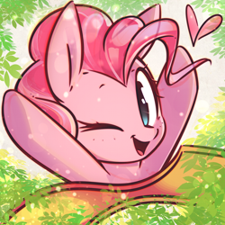 Size: 3000x3000 | Tagged: safe, artist:mirroredsea, pinkie pie, earth pony, pony, bust, cute, diapinkes, female, heart, looking at you, mare, one eye closed, open mouth, smiling, solo, wink