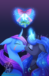 Size: 900x1391 | Tagged: safe, artist:starshinebeast, princess luna, oc, oc:azure night, alicorn, pony, unicorn, azuna, canon x oc, kissing, male, mistletoe, necklace, shipping, stallion, straight