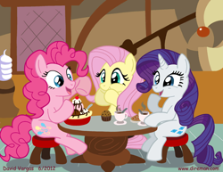 Size: 825x638 | Tagged: safe, artist:latecustomer, fluttershy, pinkie pie, rarity, earth pony, pegasus, pony, unicorn, ice cream, muffin, sugarcube corner, tea