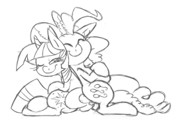 Size: 3300x2350 | Tagged: safe, artist:leadhooves, derpibooru import, pinkie pie, twilight sparkle, earth pony, pony, eyes closed, female, happy, high res, lesbian, monochrome, shipping, twinkie