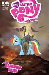 Size: 476x733 | Tagged: safe, artist:tonyfleecs, derpibooru import, idw, rainbow dash, tank, bird, pegasus, pony, turtle, spoiler:comicm02, armor, comic, cover, death dealer, flag, frank frazetta, frown, glare, helmet, looking at you, micro-series, official, official comic, riding, shield