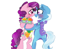 Size: 1024x768 | Tagged: safe, artist:cartoonxcatxlover, derpibooru import, sugar belle, trixie, pony, apron, bipedal, blushing, clothes, cupcake, female, horns are touching, hug, lesbian, shipping, smiling, sugartrix, tray, trixie.sugartrix